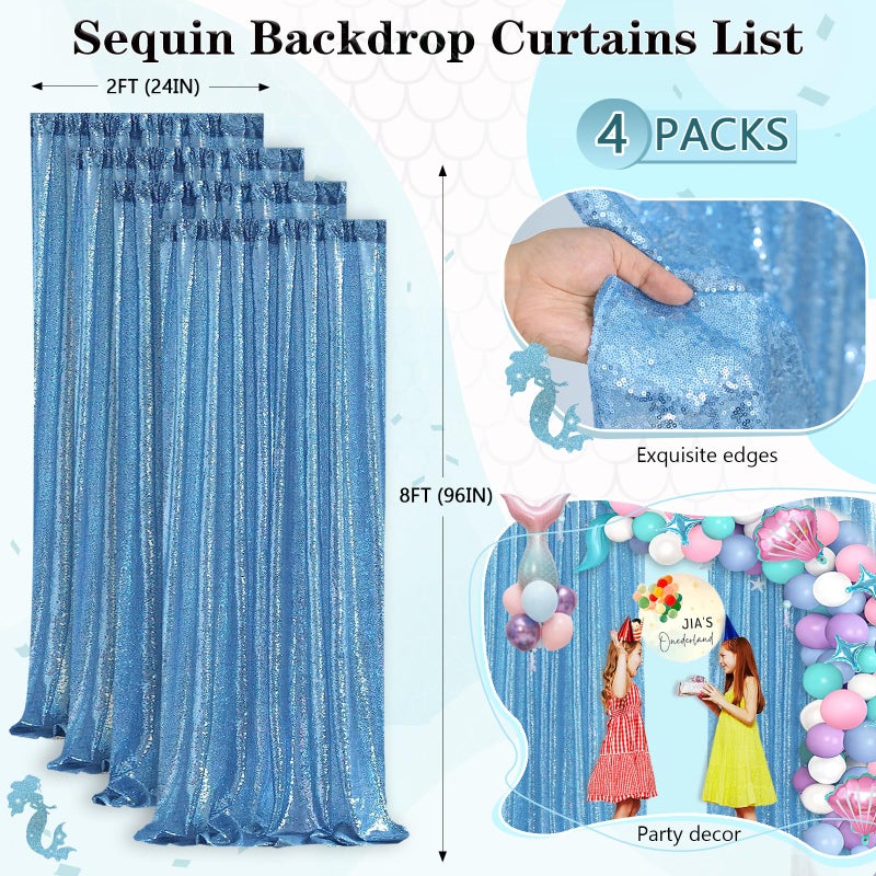 QueenDream Baby Blue Christmas Backdrop Curtains 4 Pieces 2FTx8FT Sequin Photography Background Curtain for Party Decoration - Image 3